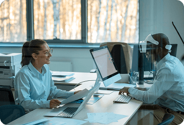 Team collaborating on AI tools in a modern workspace