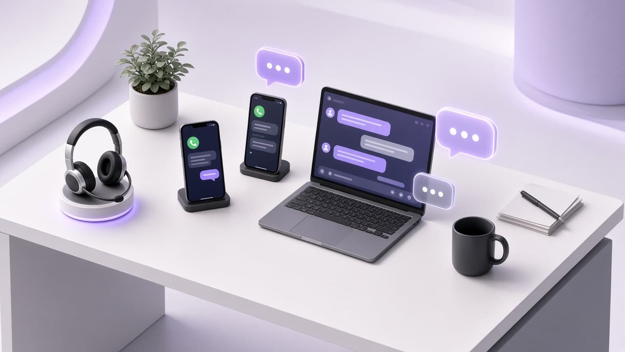 Customer Experience OS isometric scene — omnichannel support desk