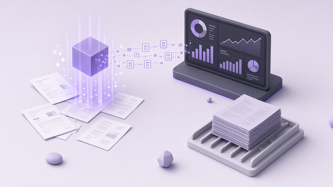 Finance OS isometric scene — invoices, extraction and dashboards