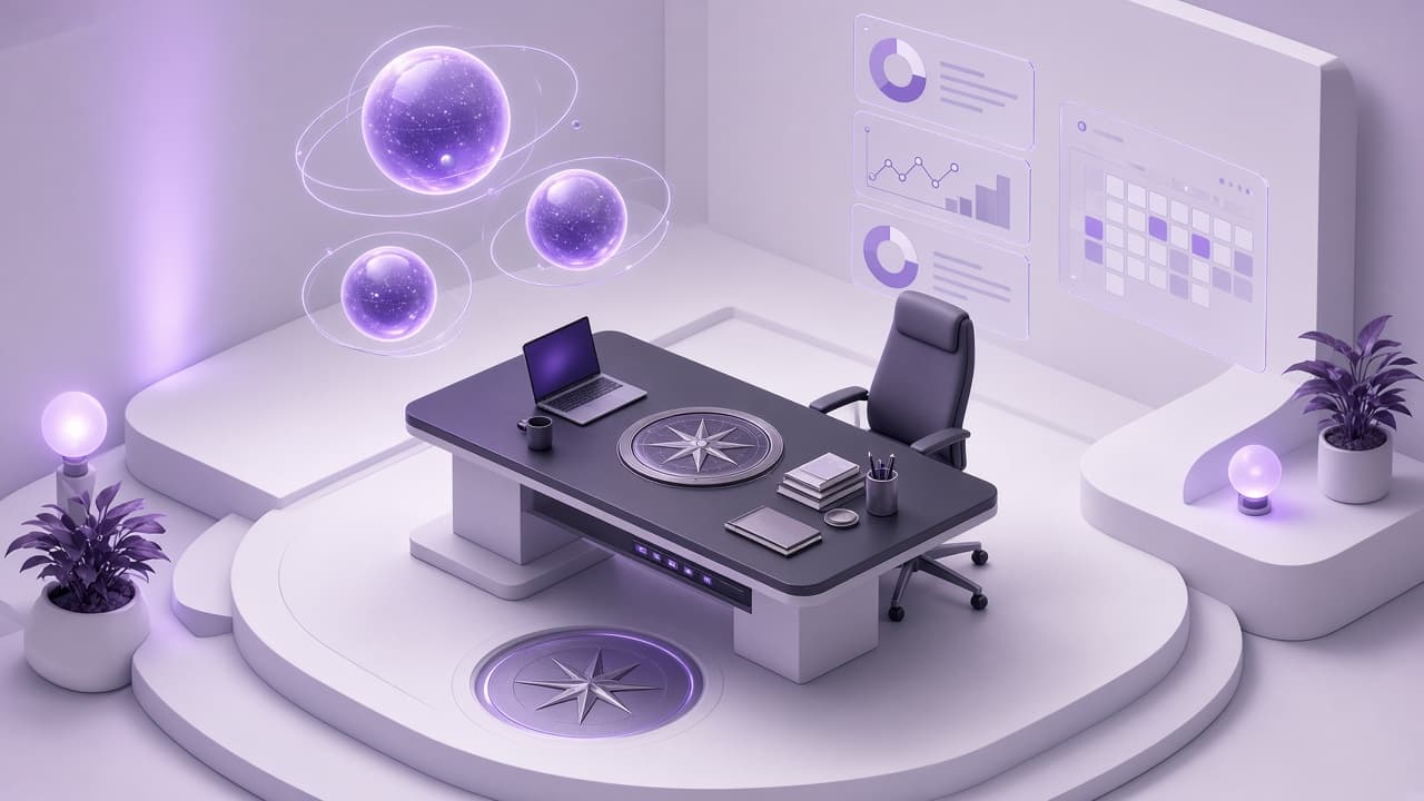 Founder OS isometric scene — executive command center