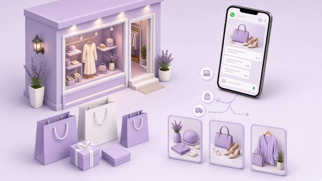 Retail and commerce scene — storefront, campaigns and WhatsApp