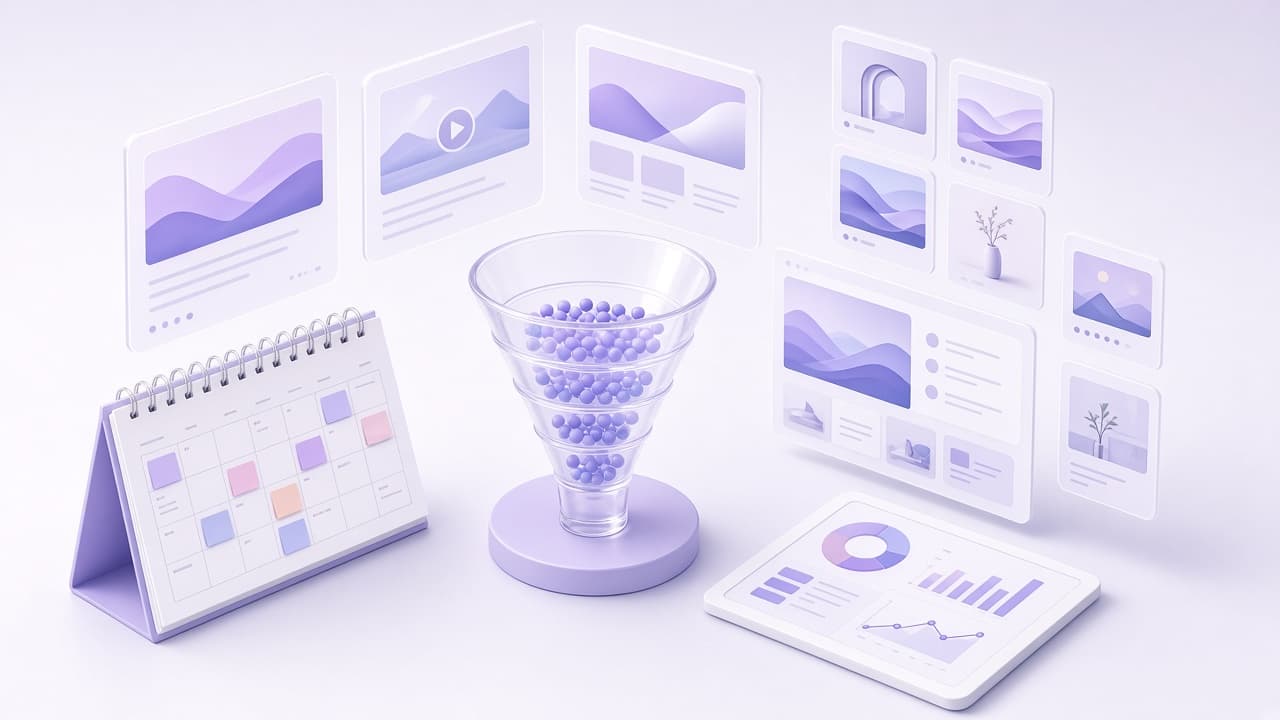 Marketing OS isometric scene — campaigns, content and funnels