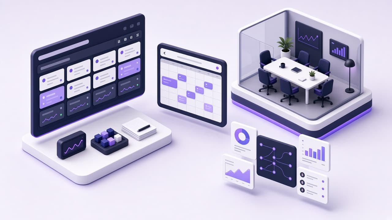 Sales OS isometric scene — pipeline, meetings and CRM