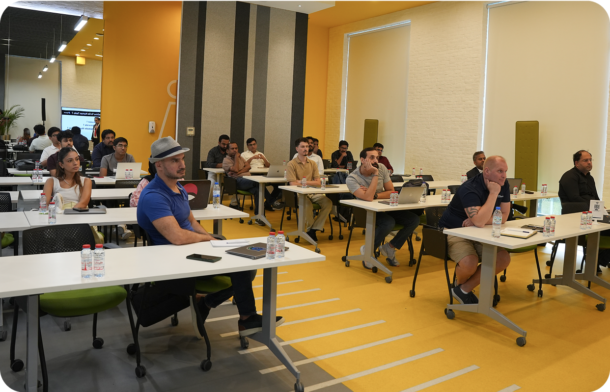 Presenter speaking to audience about AI implementation